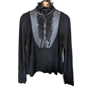 57 Collection Women's Ribbed Sweater With Ruffle and Silk Front Panel